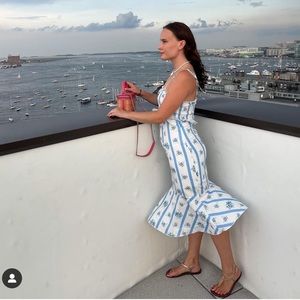 Cider blue/white floral print ruffle trim dress